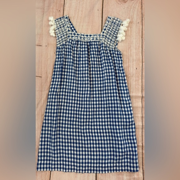 J. McLaughlin Size Medium Dress Linen Blue White Gingham Eyelet Pockets Shift - Picture 3 of 7